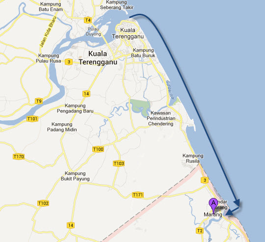 馬來西亞東岸 Kuala Terengganu 自架漁船往 Marang 漁村地圖
