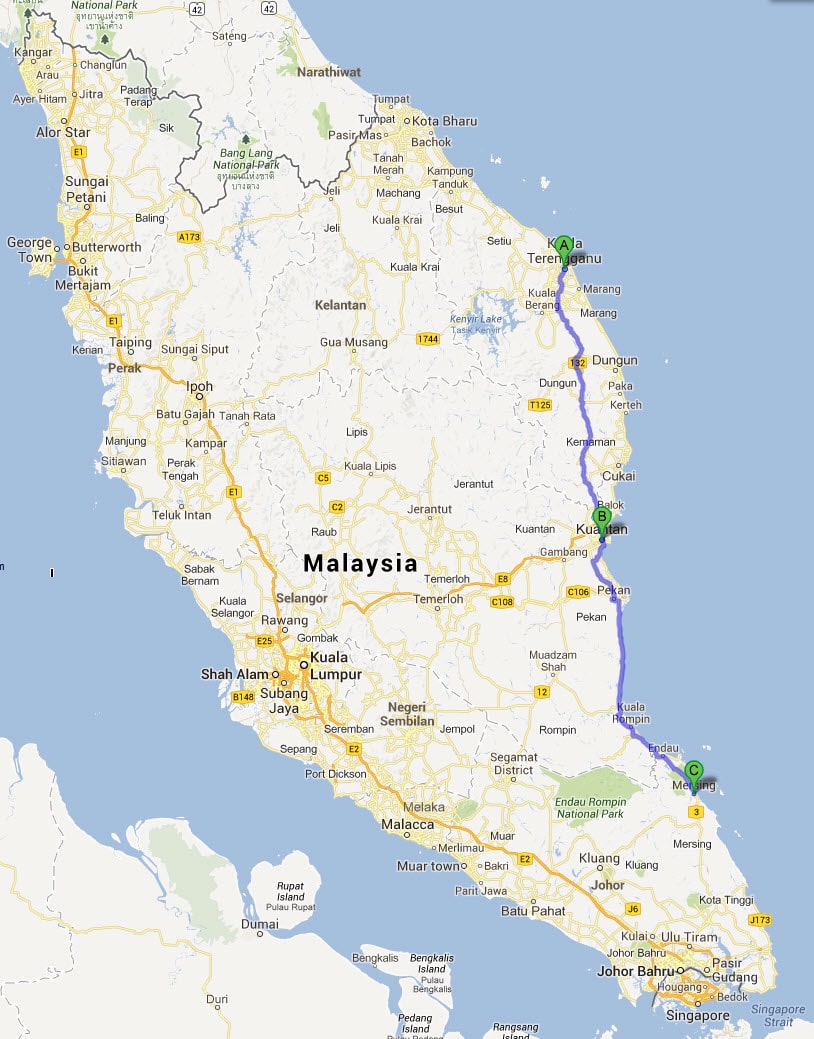 Kuala Terengganu 往 Kuantan 及 Mersing 乘車路線圖