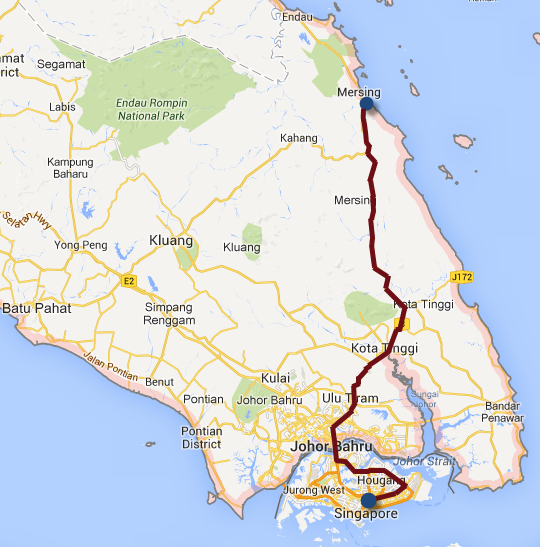 馬來西亞東岸 Mersing 乘 共享計程車(Shared Taxi) 往新加坡路線圖