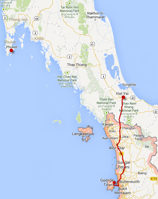 馬來西亞檳城乘車往泰國邊境市鎮 Hat Yai 路線圖