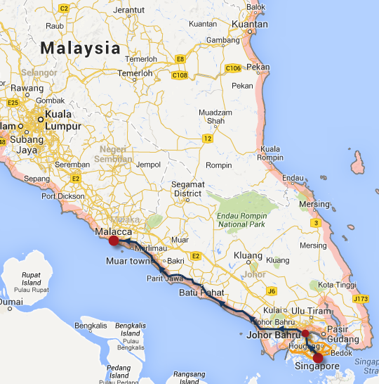 新加坡乘巴士往馬來西亞西岸馬六甲 (Melaka)路線圖