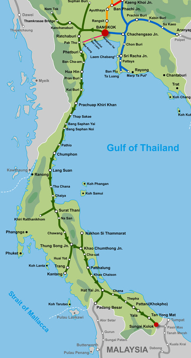 泰國曼谷往南部邊界市鎮 Sungai Kolok火車路線圖